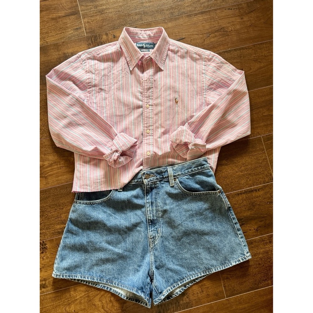 Polo Ralph Lauren Pink Striped Button Down Mens M Cropped Raw Hem Upcycled Women - Picture 2 of 6